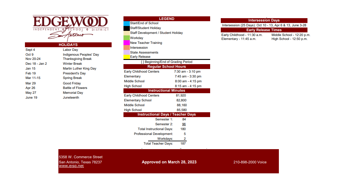 District School Academic Calendar Key for Bexar Co J J A E P