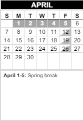 District School Academic Calendar for Options Program for April 2024