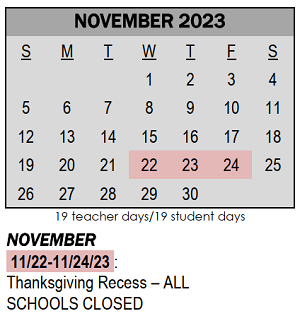 District School Academic Calendar for Pierre Moran Middle School for November 2023