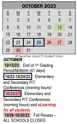 District School Academic Calendar for Pierre Moran Middle School for October 2023