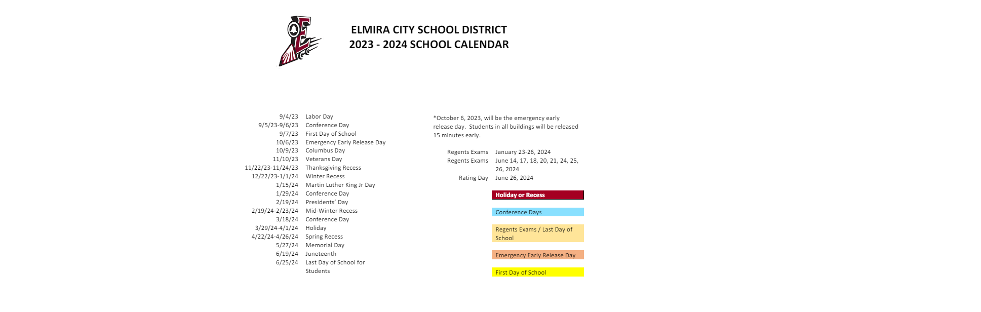District School Academic Calendar Key for Elmira Alternative High School