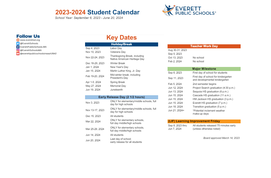 District School Academic Calendar Key for Pass Program