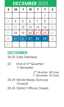 District School Academic Calendar for Hunter Elementary for December 2023