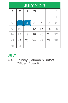 District School Academic Calendar for Anne Wien Elementary for July 2023