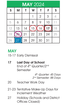 District School Academic Calendar for Anne Wien Elementary for May 2024