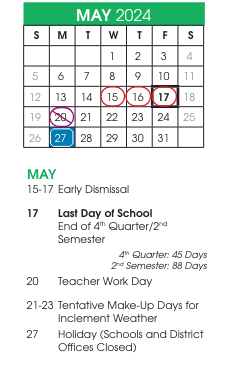 District School Academic Calendar for Crawford Elementary for May 2024