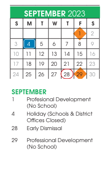 District School Academic Calendar for Alternative Learning Systems for September 2023