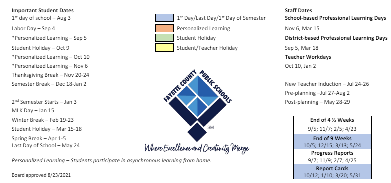 District School Academic Calendar Key for Fayette Elementary School