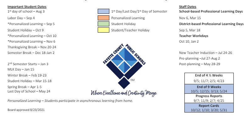 District School Academic Calendar Key for Fayette Middle School