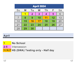 District School Academic Calendar for Schools Of Choice for April 2024