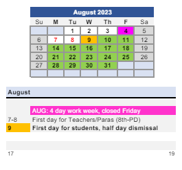 District School Academic Calendar for Bunche School for August 2023