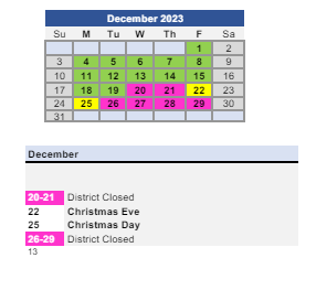 District School Academic Calendar for Bunche School for December 2023