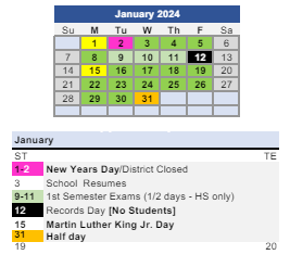 District School Academic Calendar for Mott Middle College High School for January 2024