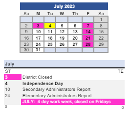 District School Academic Calendar for Bunche School for July 2023