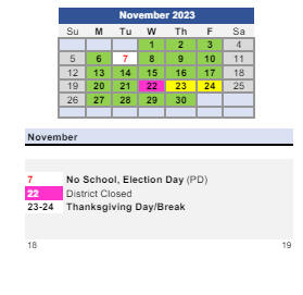 District School Academic Calendar for Bunche School for November 2023