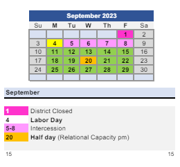 District School Academic Calendar for Bunche School for September 2023