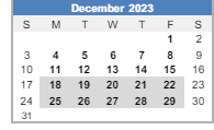 District School Academic Calendar for William O. Darby JR. High SCH. for December 2023