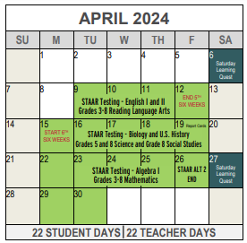 District School Academic Calendar for J T Stevens Elementary for April 2024