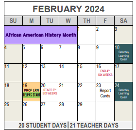 District School Academic Calendar for Dunbar 6th Gr School for February 2024