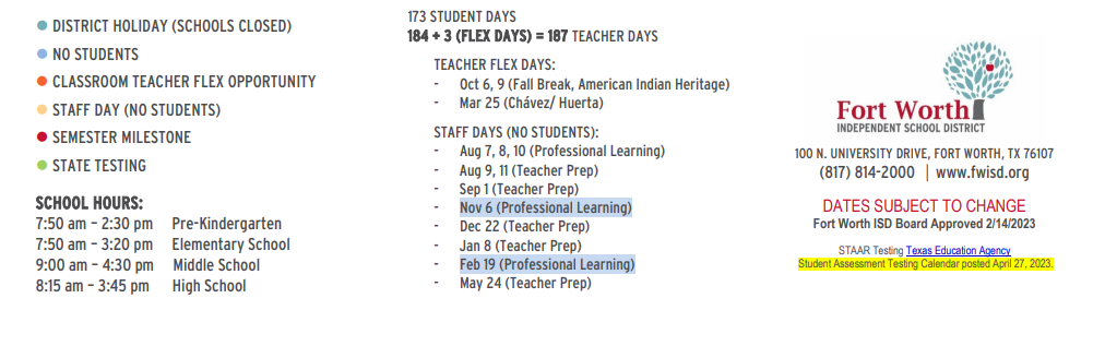 District School Academic Calendar Key for Insights Learning Center