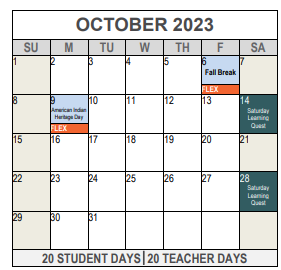 District School Academic Calendar for Tier 1 Dunbar 6 Daep Middle School for October 2023