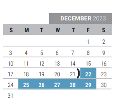 District School Academic Calendar for Acker Special Programs Center for December 2023