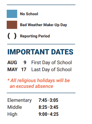 District School Academic Calendar Legend for Taylor Elementary