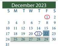 District School Academic Calendar for Green Valley Elementary for December 2023