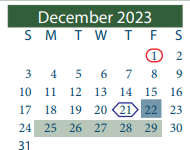 District School Academic Calendar for Cunningham Middle for December 2023