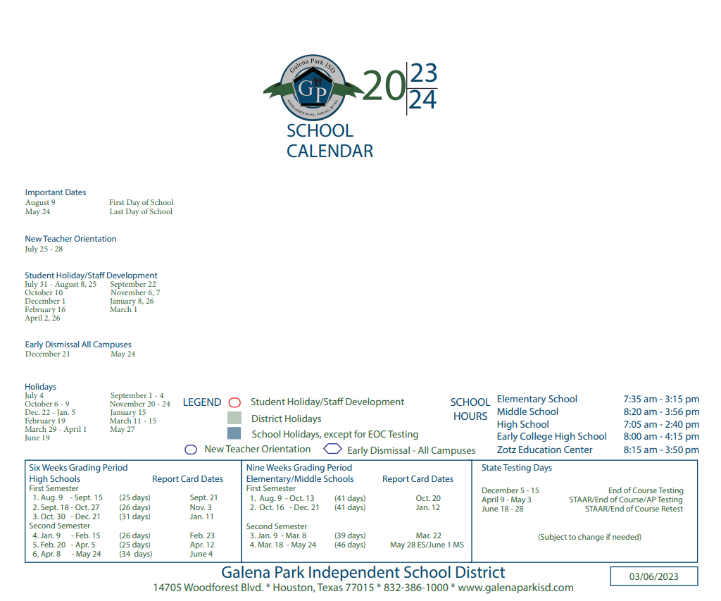 District School Academic Calendar Key for Jacinto City Elementary