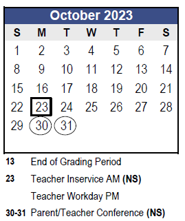 District School Academic Calendar for Charles O Stones Intermediate Ctr for October 2023