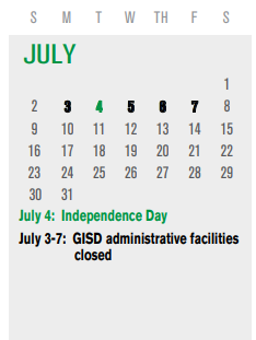 District School Academic Calendar for B G Hudson Middle for July 2023