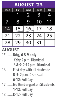 District School Academic Calendar for Swift Multi-cultural Ed Center for August 2023