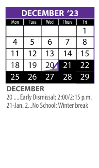 District School Academic Calendar for Swift Multi-cultural Ed Center for December 2023