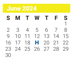 District School Academic Calendar for Sam Rayburn Elementary for June 2024