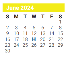 District School Academic Calendar for Milam Elementary for June 2024