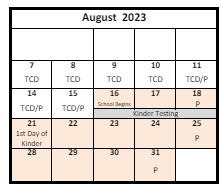 District School Academic Calendar for Valley Crest School for August 2023