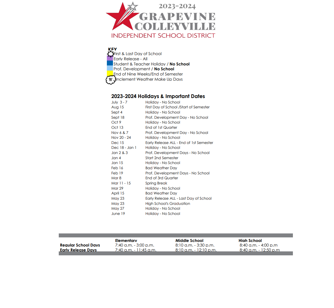 District School Academic Calendar Key for Colleyville Middle