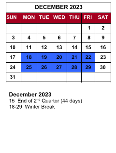 District School Academic Calendar for Parkview Middle School for December 2023