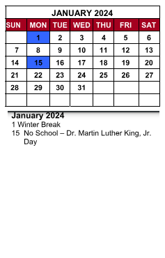 District School Academic Calendar for Parkview Middle School for January 2024