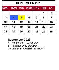 District School Academic Calendar for Parkview Middle School for September 2023