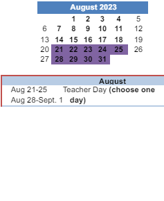 District School Academic Calendar for Odyssey Academy for August 2023