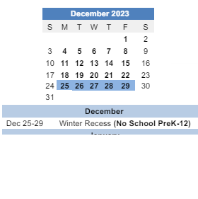 District School Academic Calendar for Odyssey Academy for December 2023