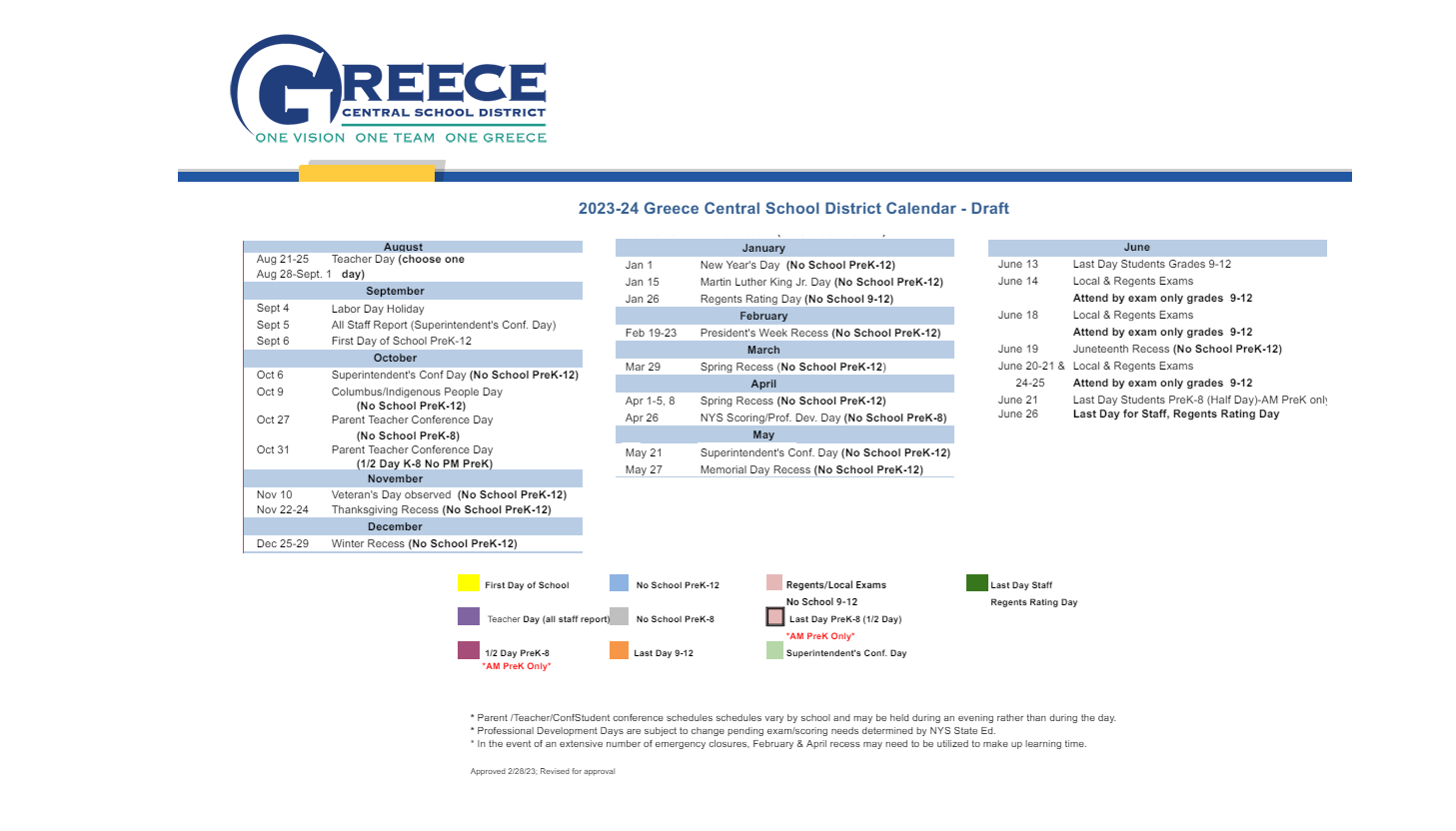 District School Academic Calendar Key for Odyssey Academy