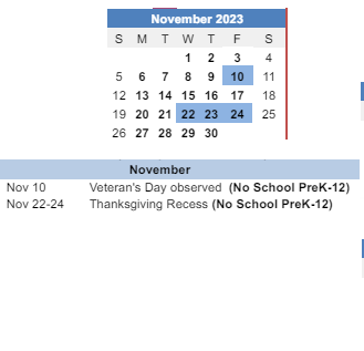 District School Academic Calendar for Odyssey Academy for November 2023