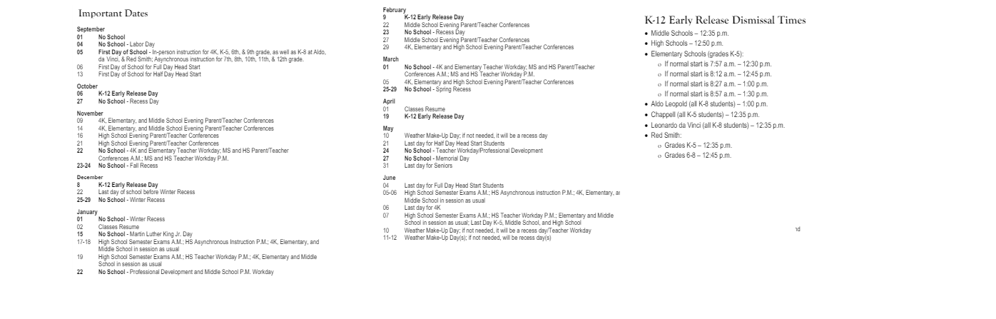 District School Academic Calendar Key for Preble High