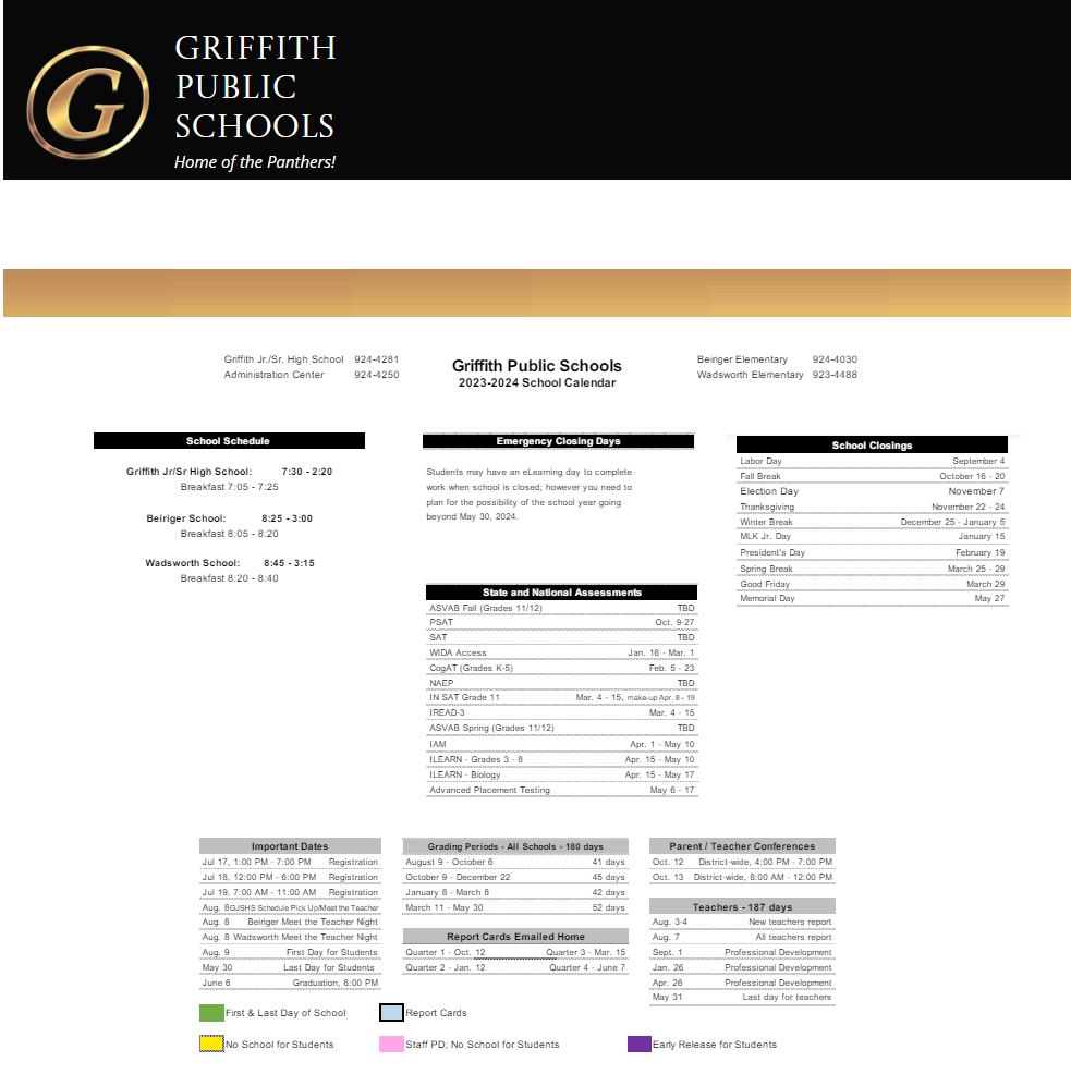 District School Academic Calendar Key for Griffith Senior High School