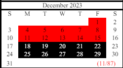 District School Academic Calendar for North Hall Middle School for December 2023
