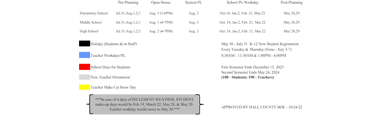 District School Academic Calendar Key for Sugar Hill Elementary