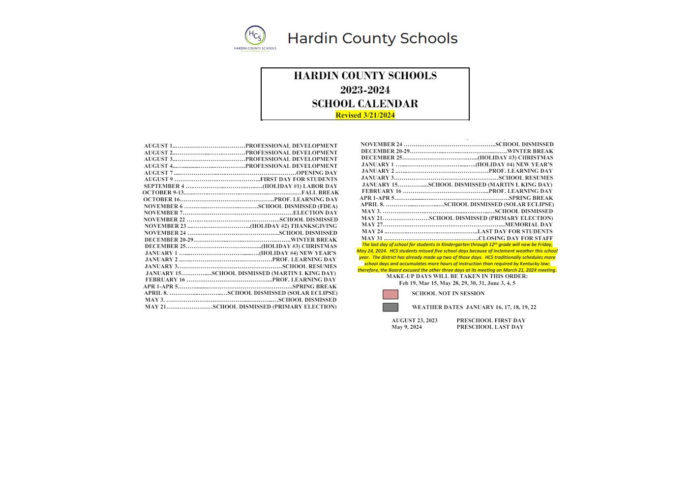 District School Academic Calendar Key for Meadow View Elementary School